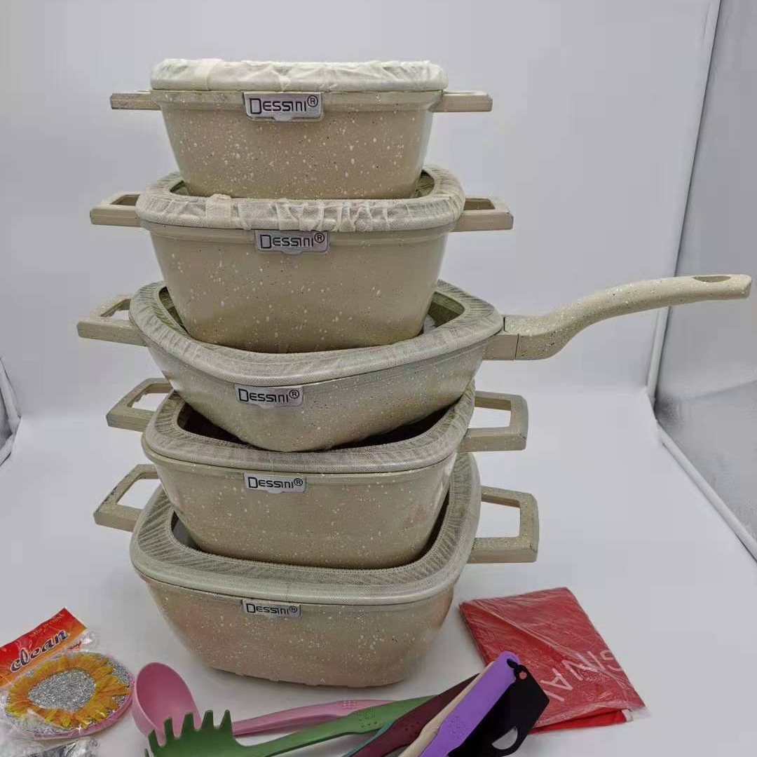 dessini25件套不粘锅方形条纹压铸铝锅麦饭石锅厨房组合锅具套装细节图