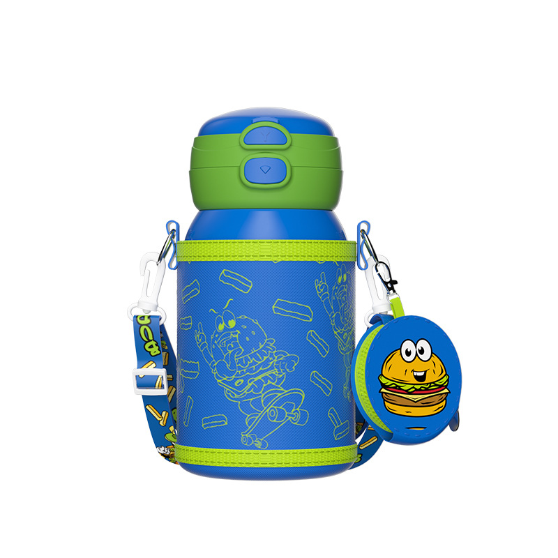 新款儿童双饮杯大容量保温杯316不锈钢卡通男学生吸管有背带水杯