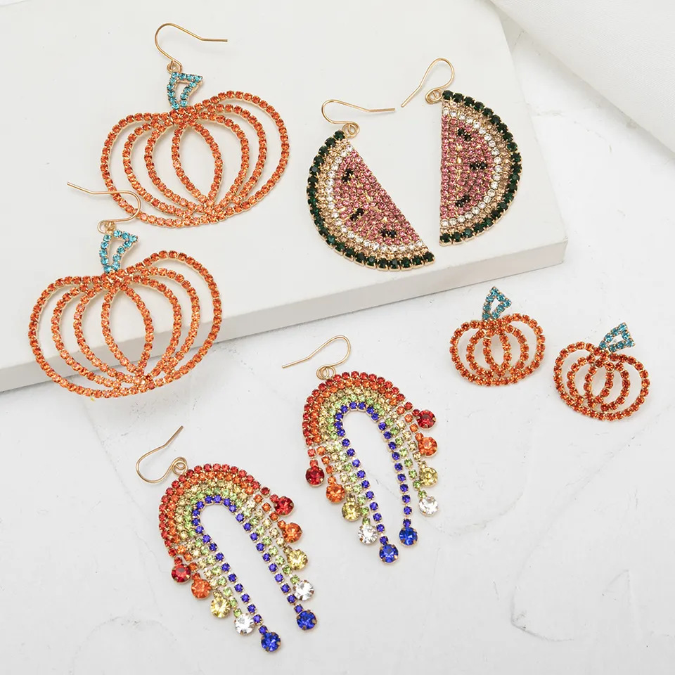 万圣节南瓜水钻耳环外贸时尚创意西瓜彩虹耳饰设计感彩钻爪链饰品源头厂家跨境批发