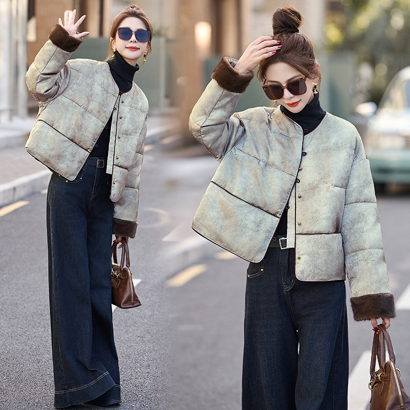 新中式提花羽绒服女2024冬季款毛绒拼接小个子白鸭绒短款外套细节图