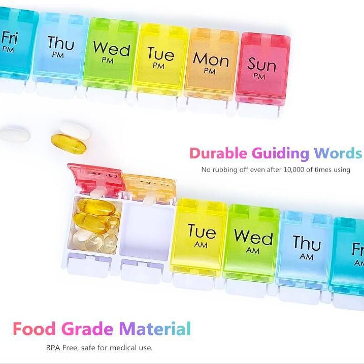 Cross-border exclusive one-week medicine box, medicine classification storage box, morning, noon and evening press-type medicine box, portable medicine box Specification drawing