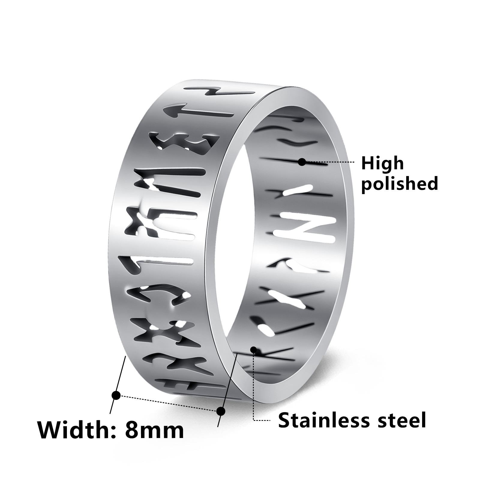An 8MM wide stainless steel hollowed-out jewelry luen Symbol Viking letter men's ring from Amazon Europe and America does not fade Item Picture