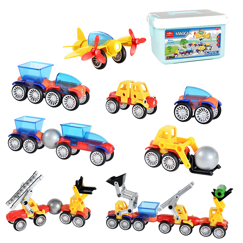 90ps large-capacity bucket magnetic car toy set, children's educational assembly magnetic 3D engineering building block car wholesale Item Picture