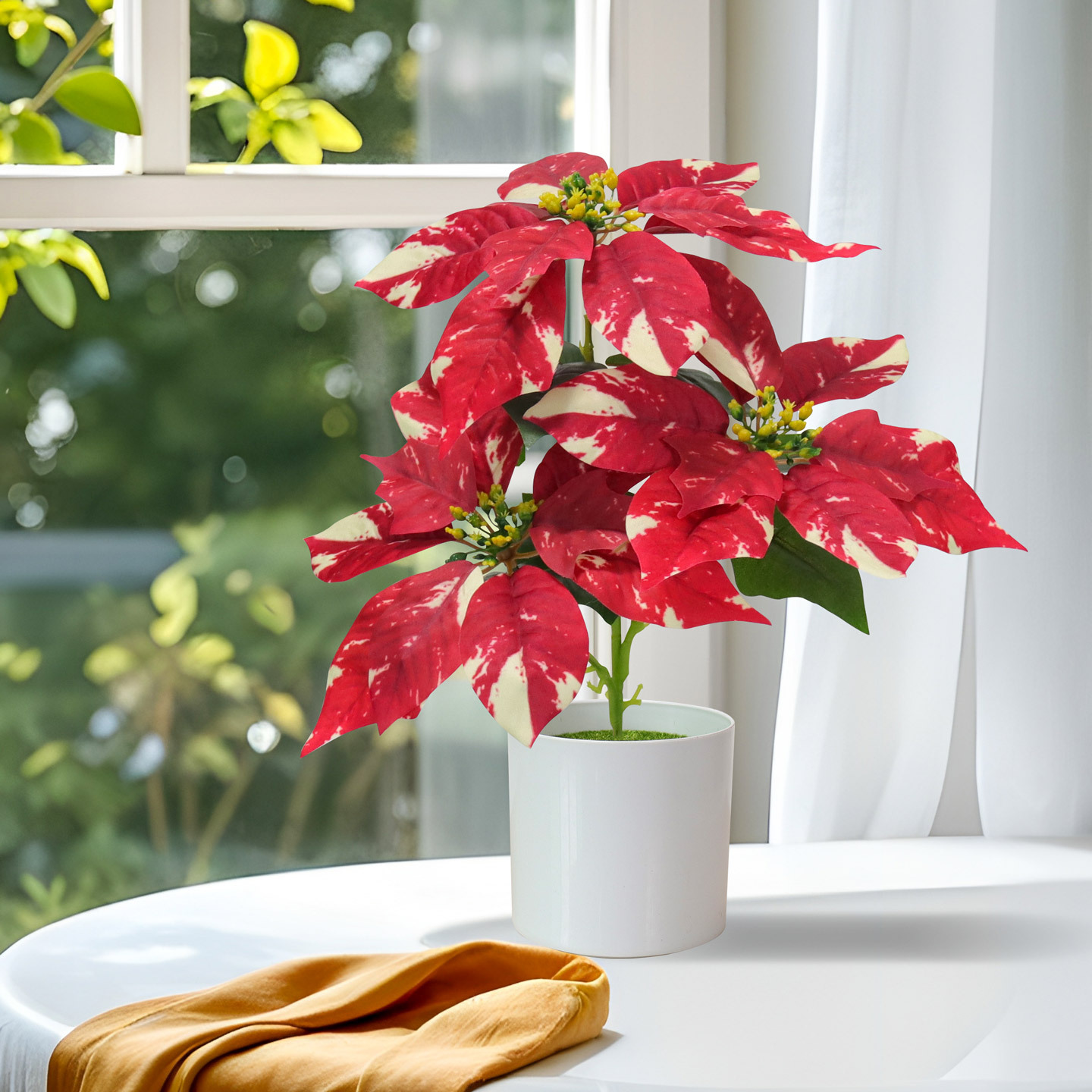 Cross-border new faux Christmas flower potted plants, golden desktop ornaments, home decoration 3D printed poinsettias faux flowers Application Scenario