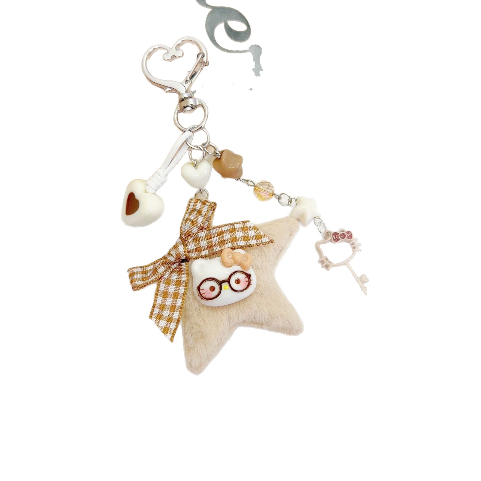 原创新款卡通五角星包挂咖色系猫咪钥匙扣百搭手工编织包挂件批发白底实物图