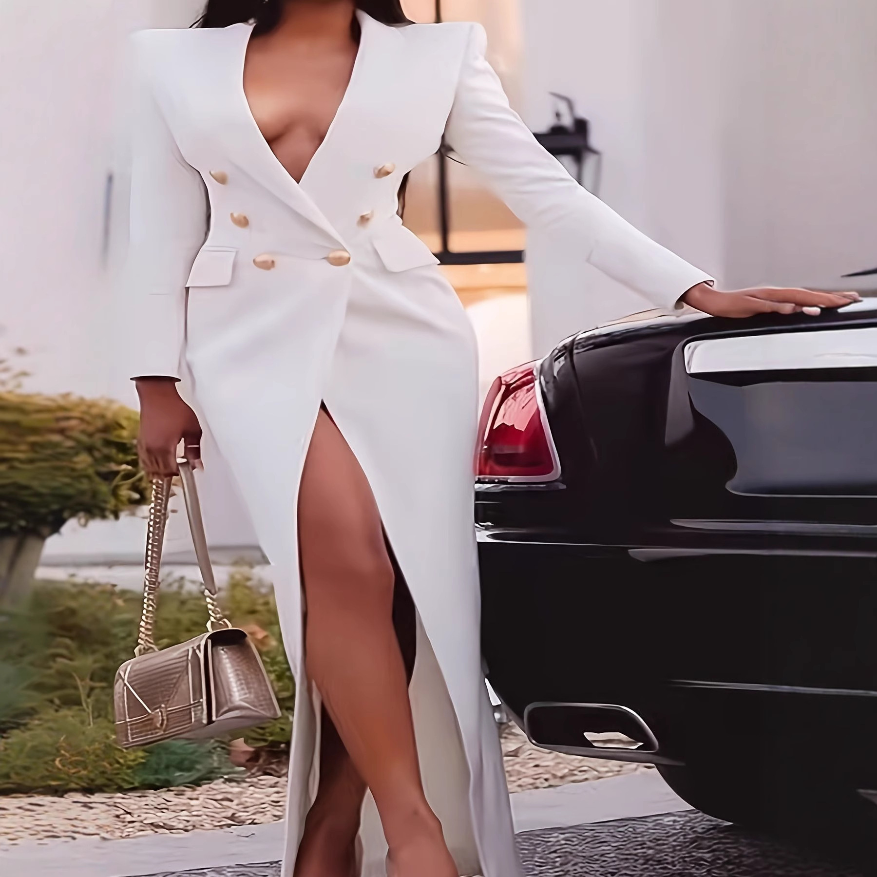In the autumn and winter of 2025, solid-color double-breasted, form-fitting, long-sleeved and long-style small suits for European and American women's clothing on Amazon's independent store details Picture