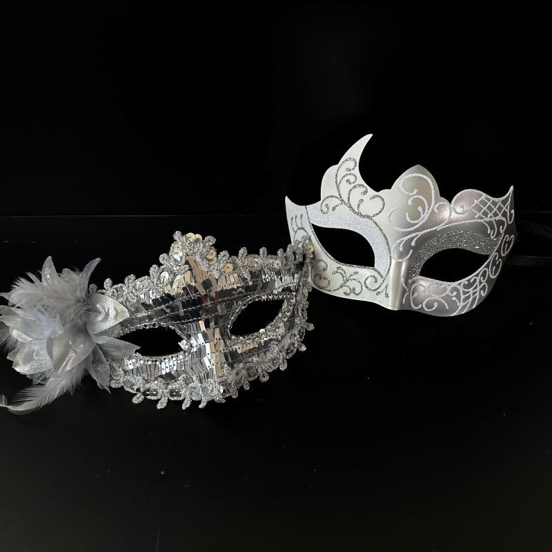 Eight Venetian masks decorated with black lace, feather, flower and metal. The black and white color combination is magnificent Application Scenario