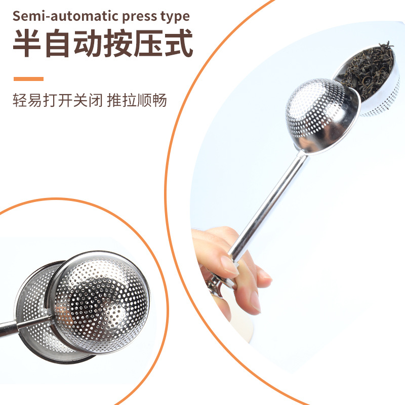 Factory direct sales 304 stainless steel telescopic tea brewer, semi-automatic press-type tea strainer, filter screen for brewing tea, telescopic tea strainer Specification image