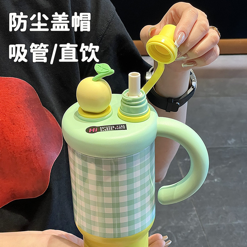 Thermos cup, large-capacity ice cup, cute straw cup, giant water cup for women, high appearance level, stainless steel double-drinking cup Specification image