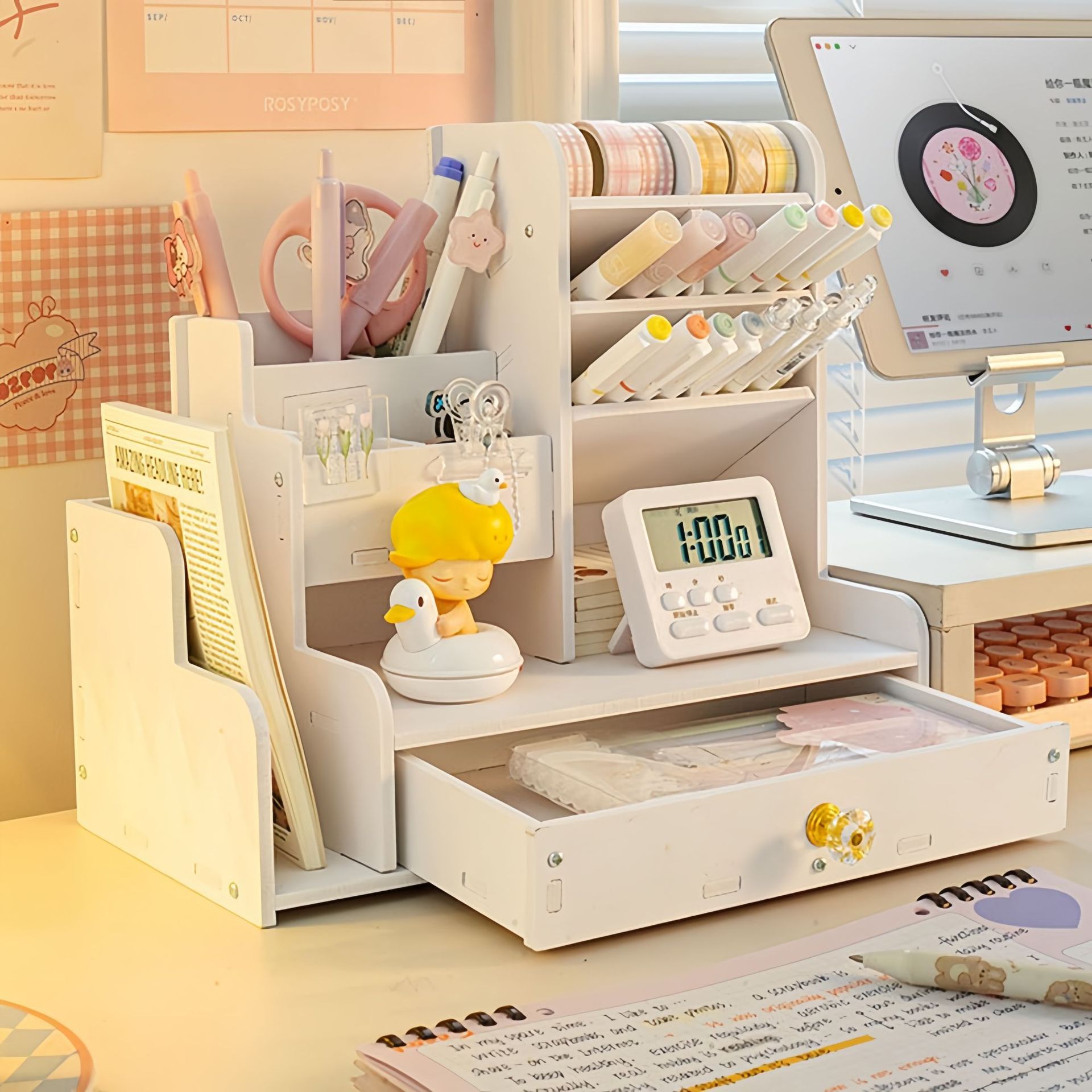 Pen holder storage, compartmentalized desktop drawer, stationery box, office children's marker pen storage box, storage with drawer