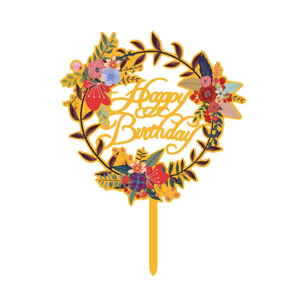 定制跨境彩印亚克力生日蛋糕插牌浅色花朵happy birthday蛋糕装饰