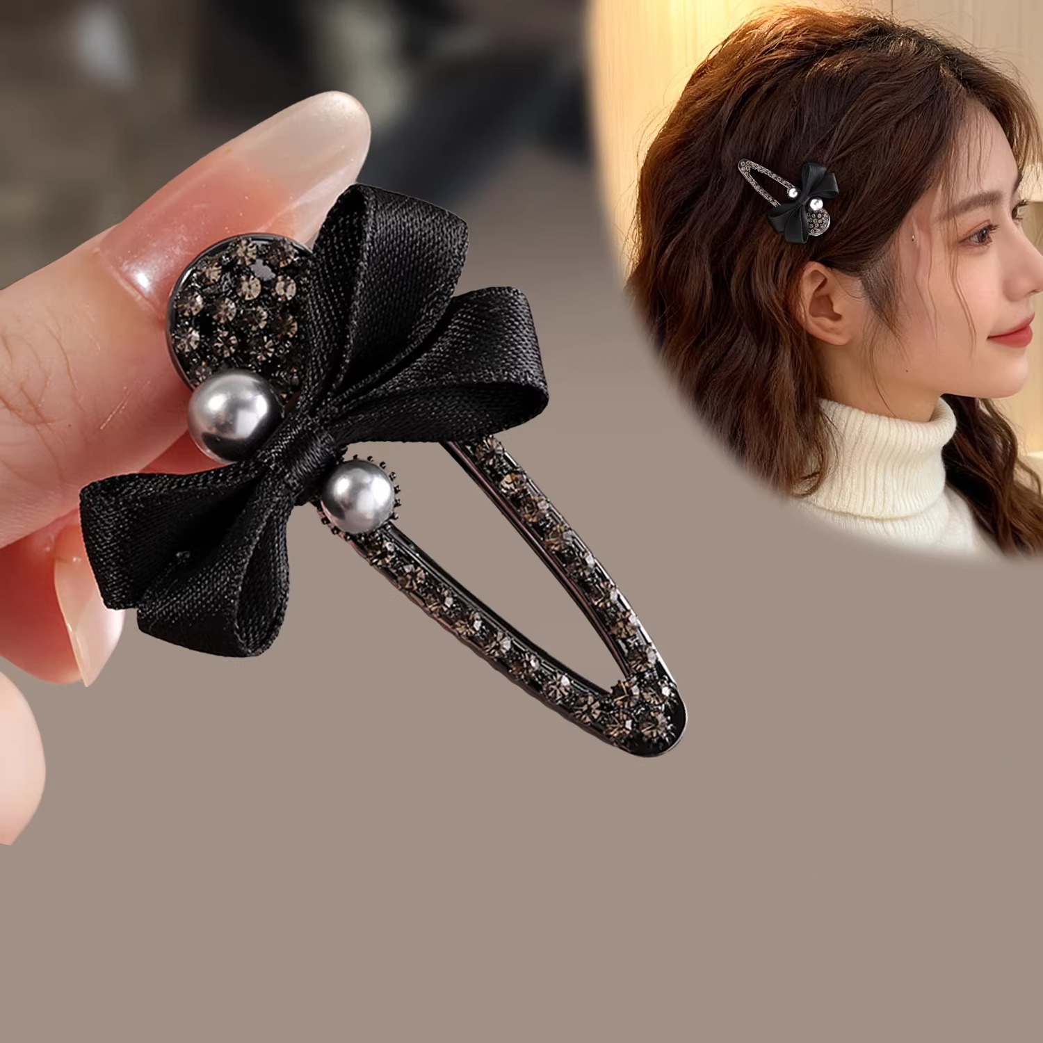 Water diamond bow duckbill clips, fashionable and high-end hair clips, headwear, hair clips, ladies' stylish bangs, side hair clips Specification image