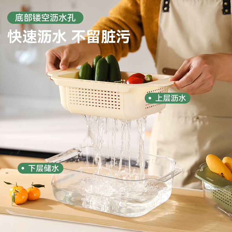 洗菜盆沥水篮可伸缩双层洗菜篮厨房洗水果蔬菜水槽家用塑料滤水篮产品图