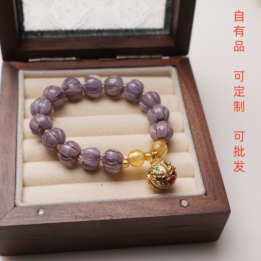 Mu Shan Purple Glass Lily Flower Bracelet, Gold Swallowing Beast Copper Lion and Dragon Bell Bracelet, Female collectible, Best friend and Sister jewelry