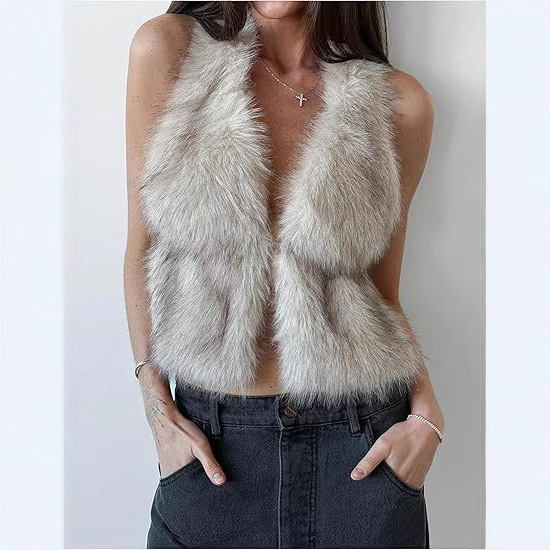 Aliexpress cross-border women's artificial fur sleeveless halter top, backless fur fox fur vest full figure