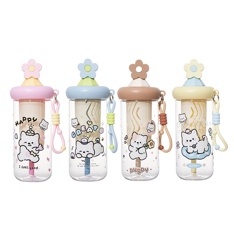 Cute cat-patterned transparent water cup with handle, glass cup with sun relief, glass thermos Item Picture