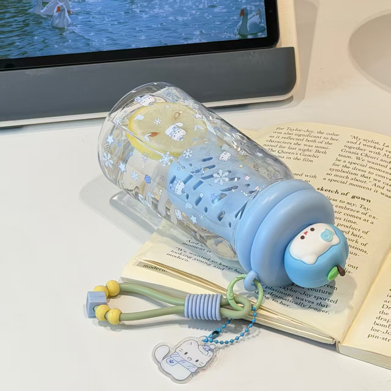 Cute apple cat drawstring water cup with tea strapping, large capacity, high-temperature resistant, anti-drop, special cup for students in class details Picture