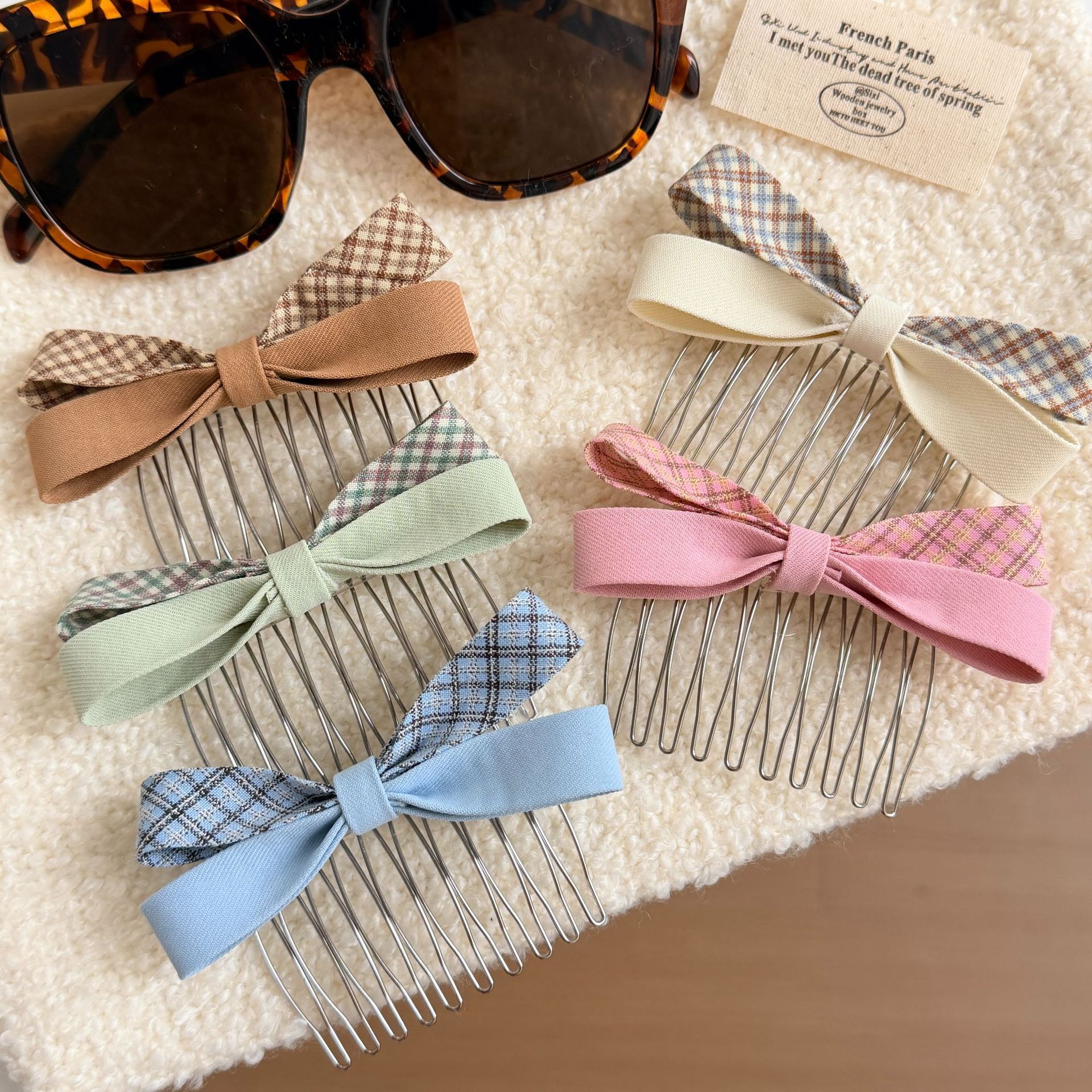2026早春款蝴蝶结插梳新款格子系类刘海侧边发梳碎发整理神器发夹