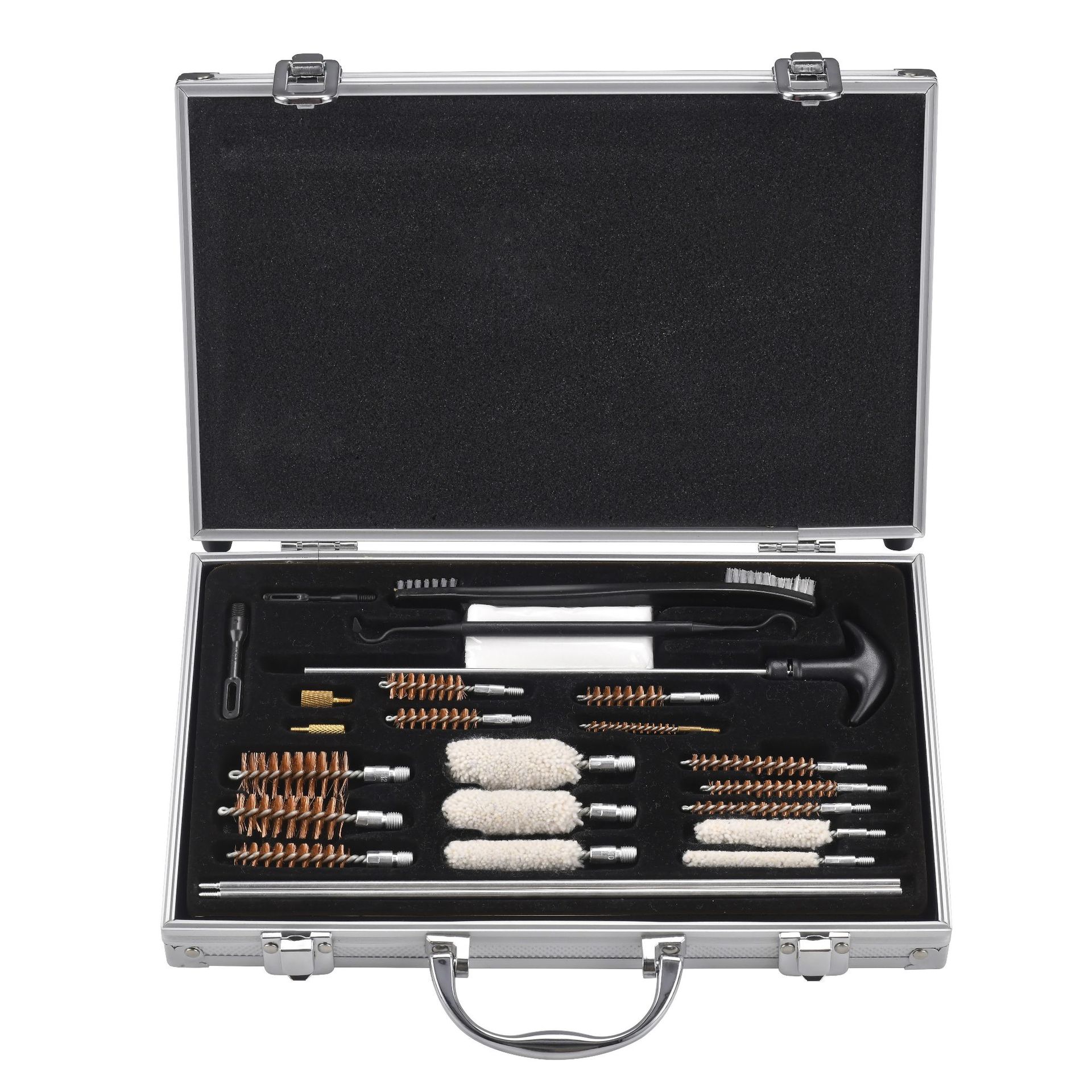 Jujian Cross-border 25-piece GK08 gun barrel brush, copper wire cotton brush, wooden box set, cleaning and gun cleaning tools, aluminum box gun brush Specification drawing