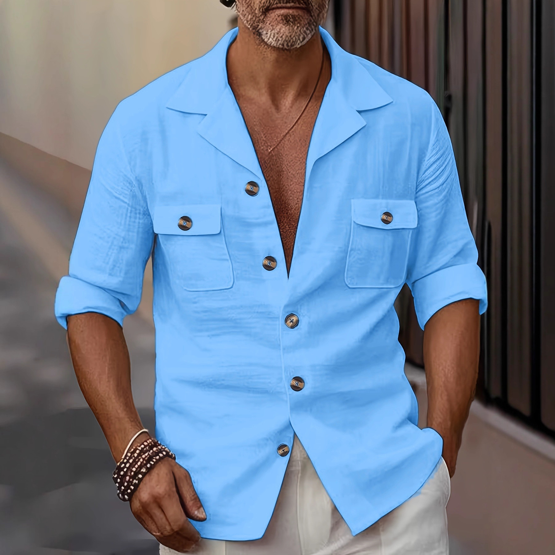 Ouma cross-border men's Spring and autumn trendy and fashionable suit collar button pocket solid color linen men's casual shirt Application Scenario