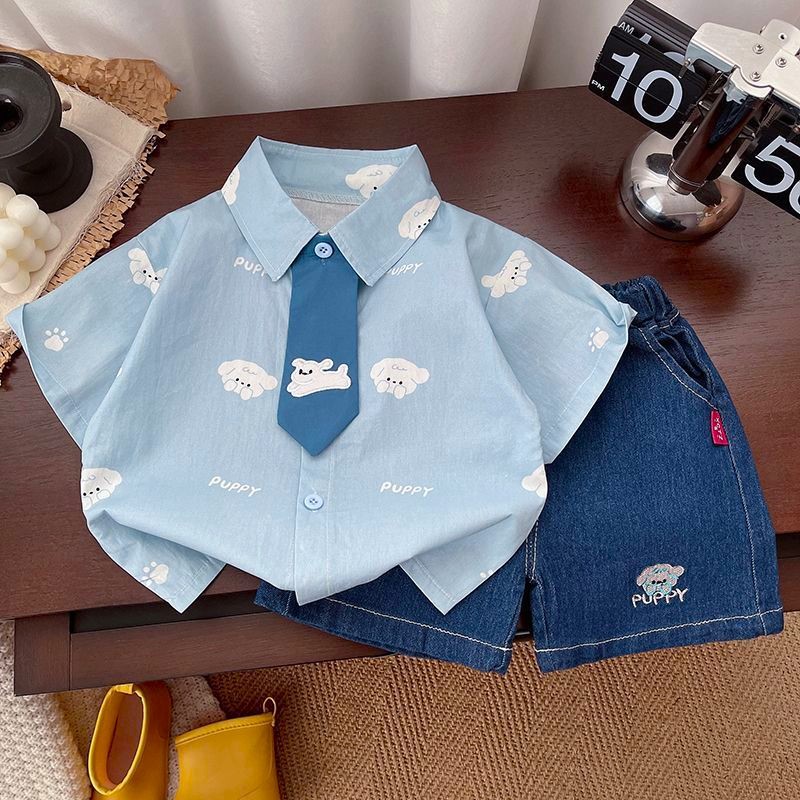 男童夏日潮玩时尚两件套印染短袖衬衫短裤薄款帅气2025新款套装