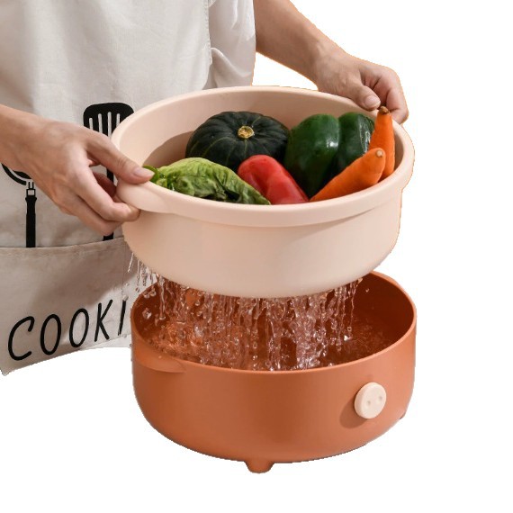 Creative round and square cute little pig double-layer draining basket, plastic vegetable washing basket, vegetable washing basin, kitchen storage fruit basket Item Picture