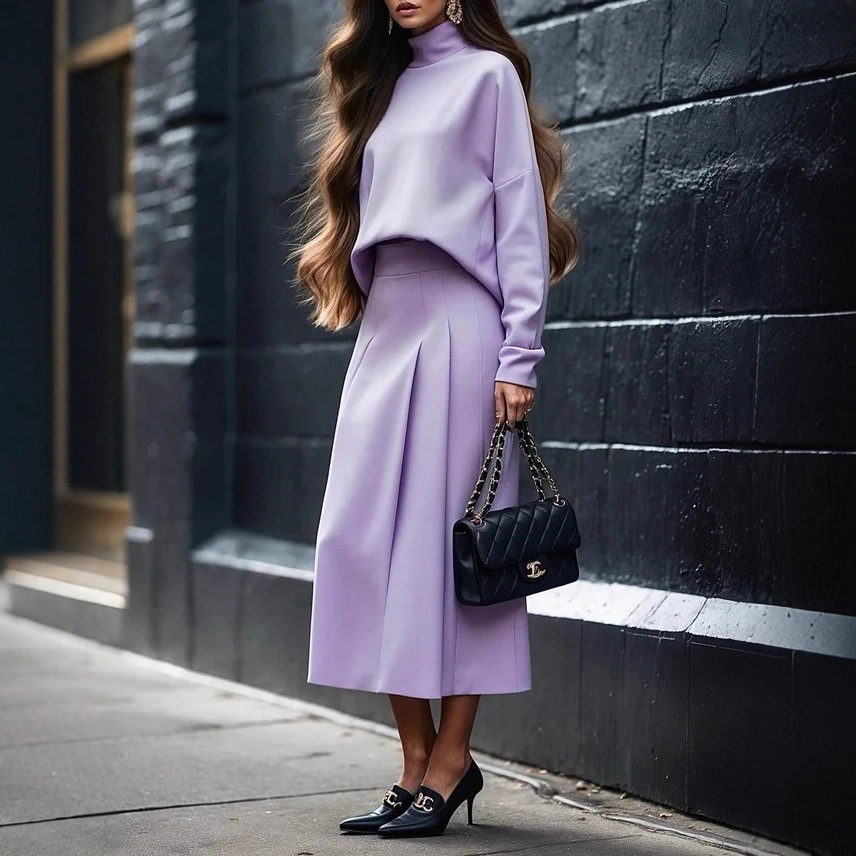 2025 European and American women's clothing Amazon solid-color long-sleeved high-neck top hoodie + long skirt elastic waist-cinching skirt details Picture