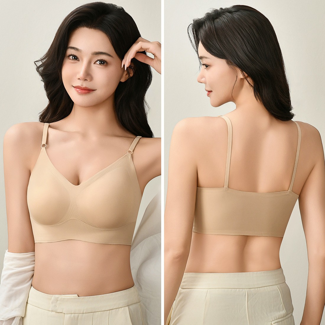 一体式固定杯无痕聚拢大码粉底液隐形内衣女吊带美背心式文胸罩