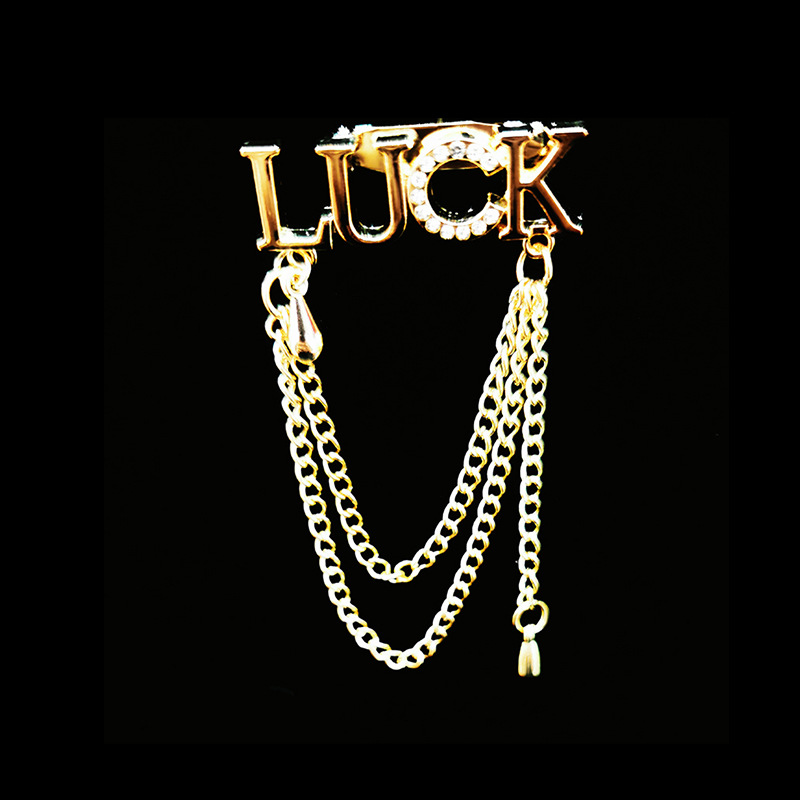 LUCK字母链条胸针ins风韩系氛围感镶钻logo大衣服装配饰胸花批发