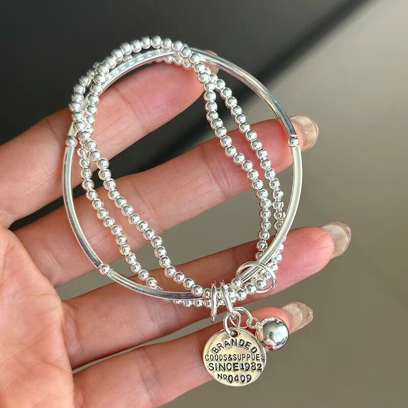 Three-layer multi-loop round bracelet, Korean S925 sterling silver InS-style curved tube elastic rope, silver bead elastic rope bracelet for women details Picture