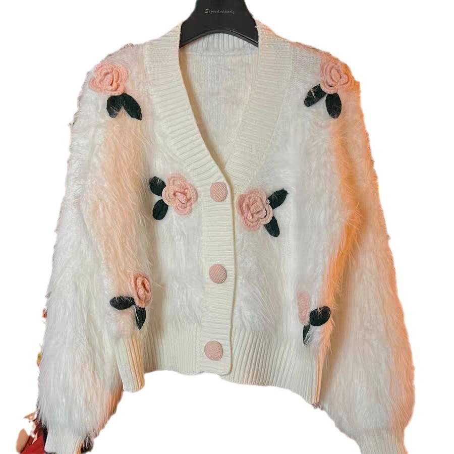 A new autumn loose and thick long-sleeved knitted sweater in solid color for women, featuring a little chanel-style rose sweater cardigan Item Picture