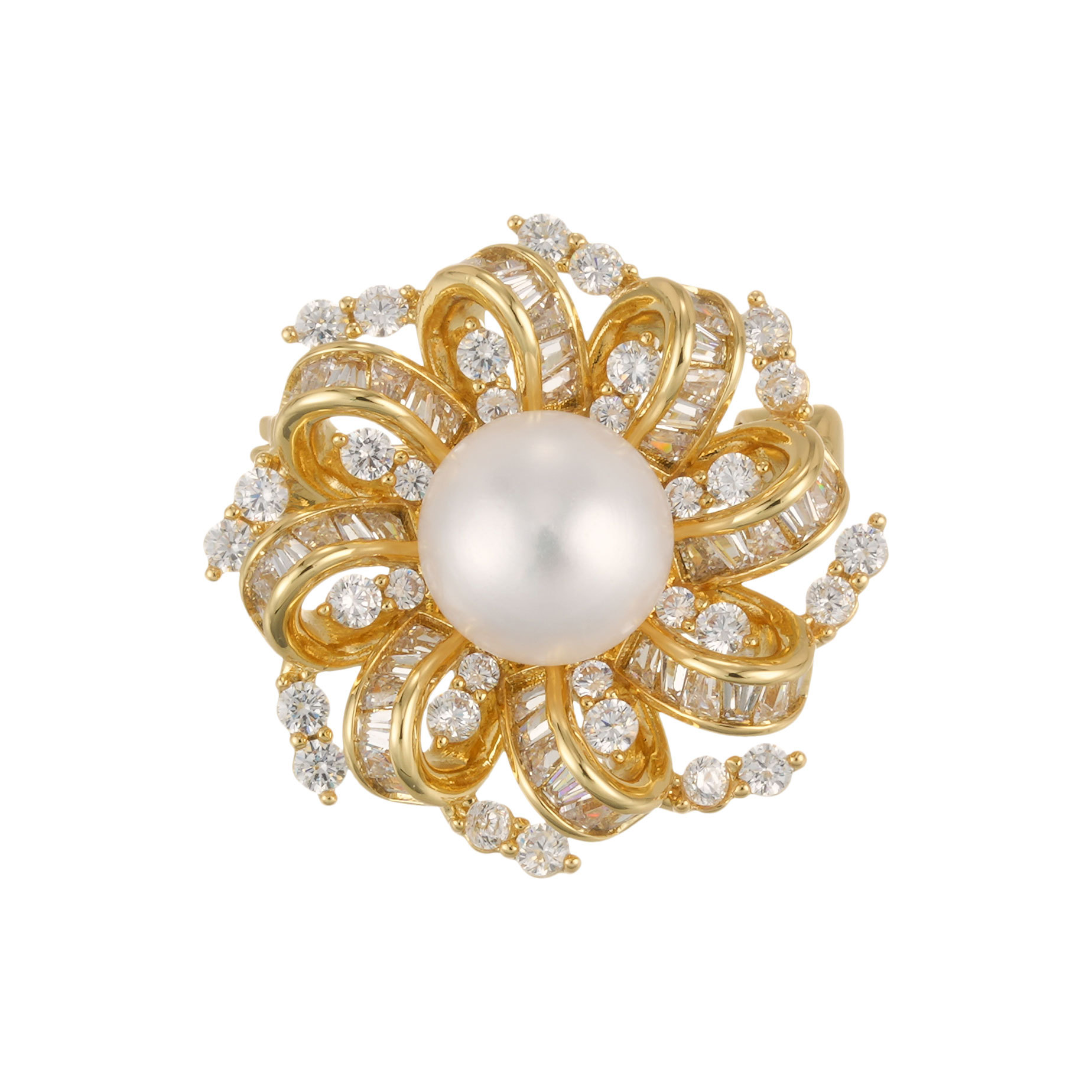 Elegant and luxurious double-layer firework brooch, copper alloy, real gold electroplated, freshwater pearl, slightly inlaid zircon, high-end sense pin Item Picture