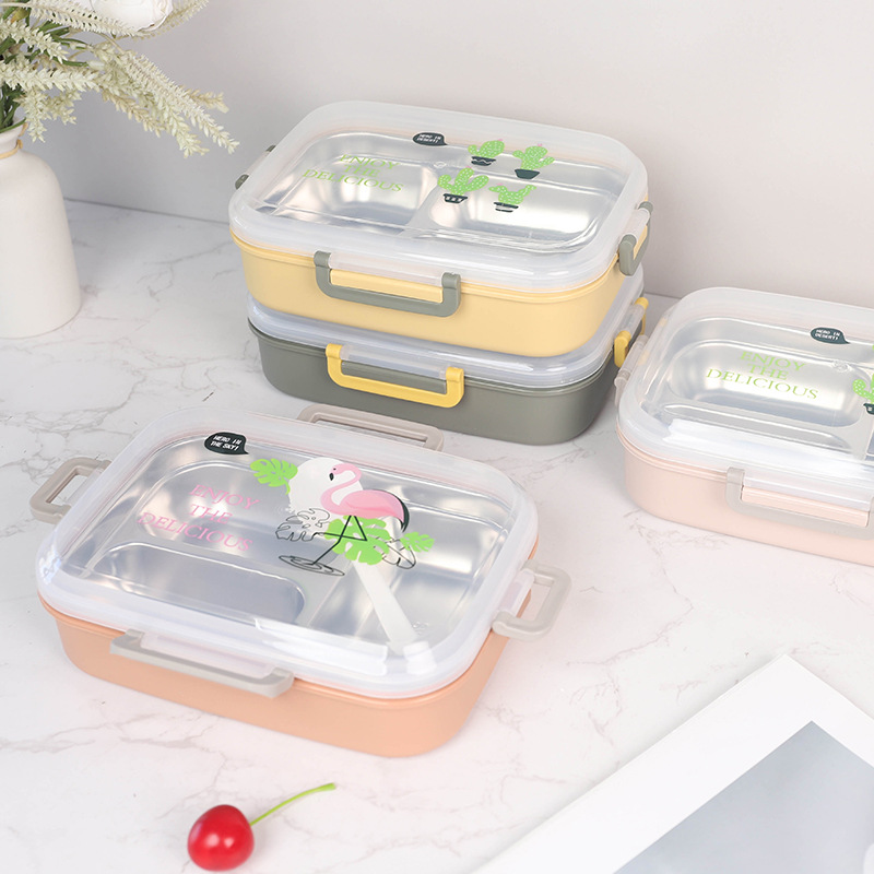 This simple student lunch box is portable for going out. It has compartments and is cute for office workers. The opening of the lunch box is simple and fashionable Specification image