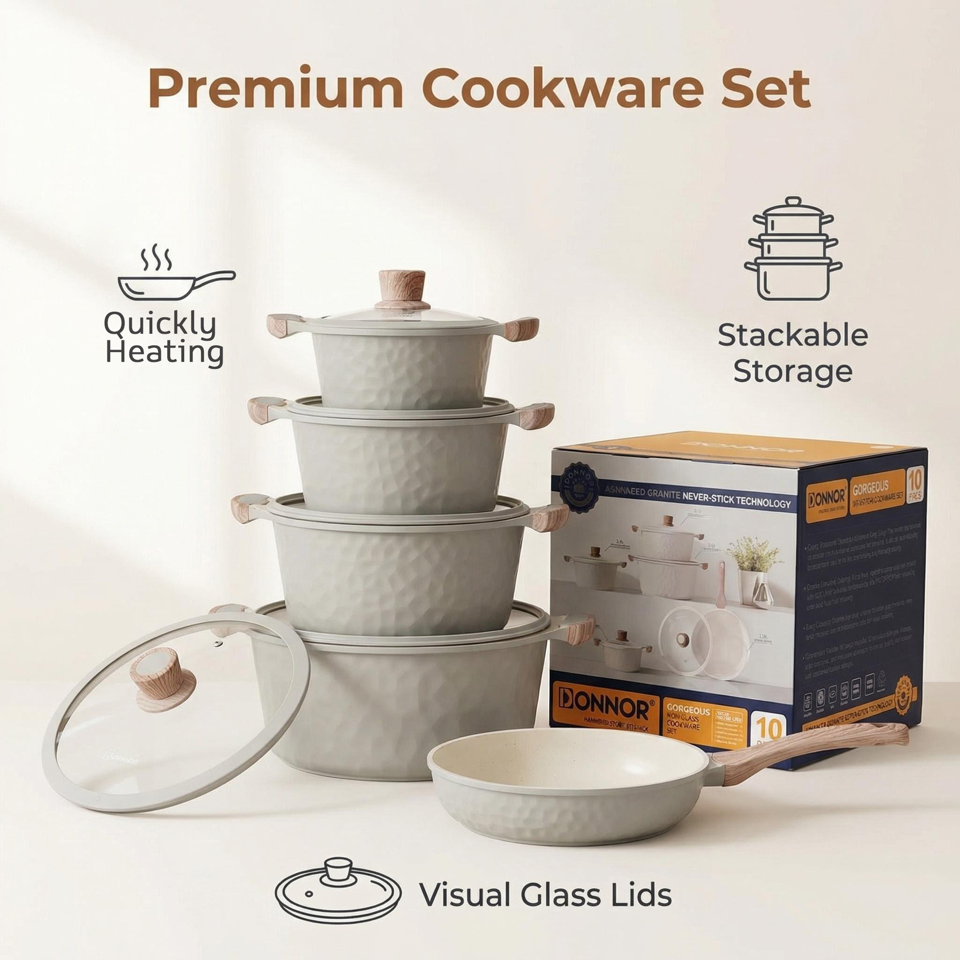 Martillo antiadherente cooking pot set multicapa apilado ahorro de espacio glass cover visualización Specification image