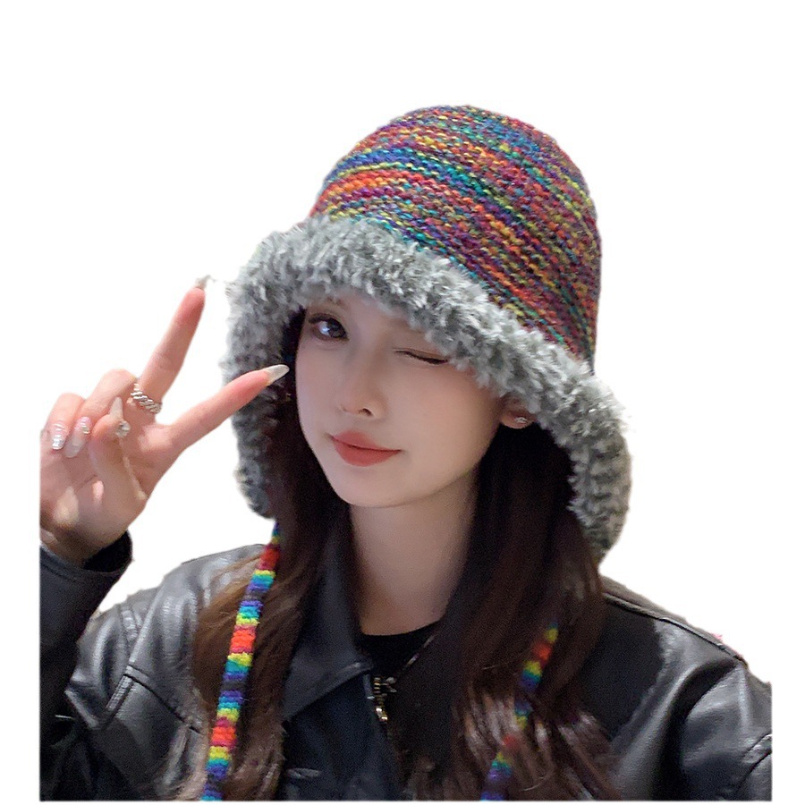 A cute rainbow gradient knitted hat for women in autumn and winter, warm, ear-protecting and face-enhancing small woolen headscarf Item Picture