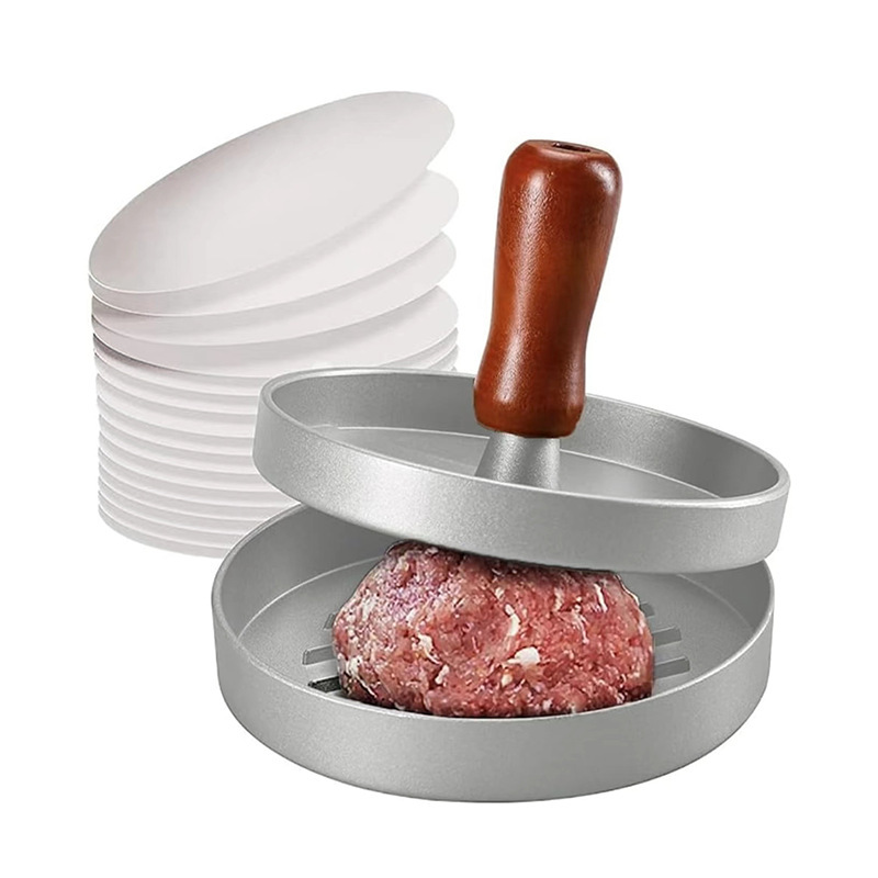 Aluminum wooden-handled hamburger Patty press, Patty press plate, round Patty mold, kitchen hamburger Patty press, cross-border special supply Item Picture