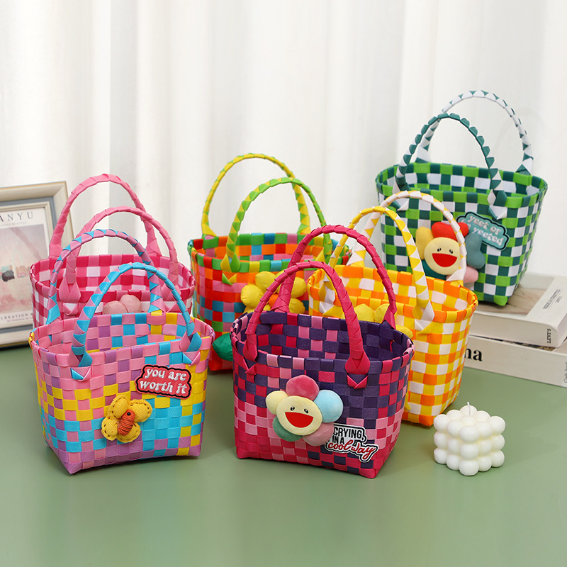 Colorido niños portátil cesta de cocina bolsas de mujeres bolsas literarias y artesanales bolsas bolsas flores lindo verano playa playa details Picture