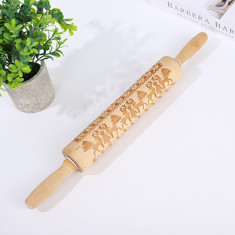 Wooden rolling pin, beech wood laser-engraved and printed rolling pin, embossed rolling sheet, Christmas fonse cookie rolling pin details Picture