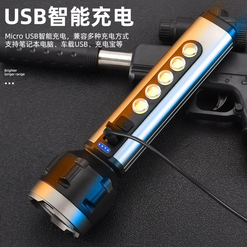 新款强光LED手电筒COB泛光工作灯USB充电户外便携家用应急探险细节图