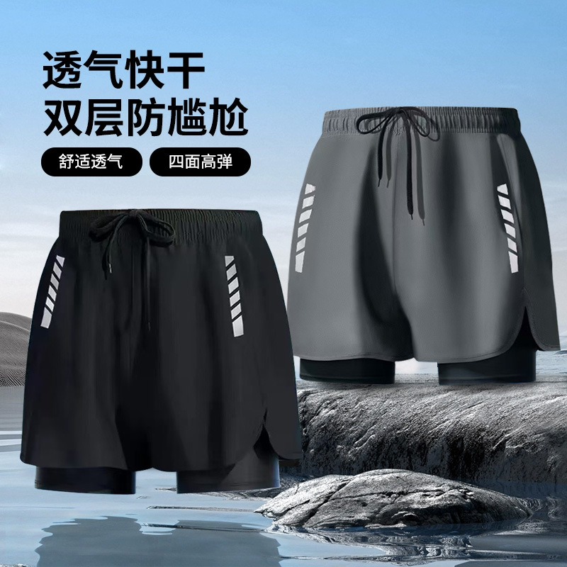 Men's swimming pants 2025 New style Quick-drying double-layer anti-embarrassment loose large size flat Angle beach swimming and hot spring soaking -YK48901