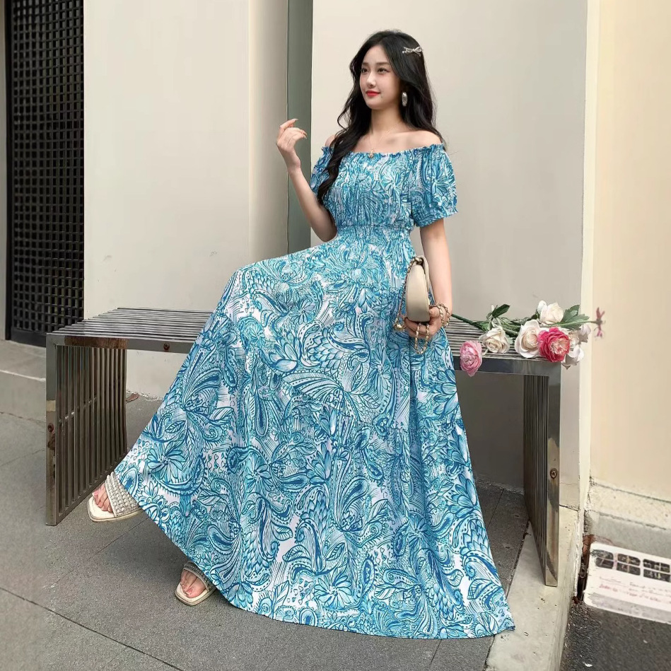 Cross-border off-the-shoulder one-shoulder cotton silk dress, women's summer dress, Bohemian island vacation dress, travel beach dress Application Scenario