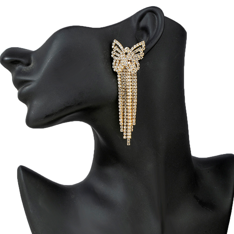 Amazon's best-selling full-diamond butterfly tassel earrings, cross-border European and American style exquisite wedding water diamond earrings for brides details Picture