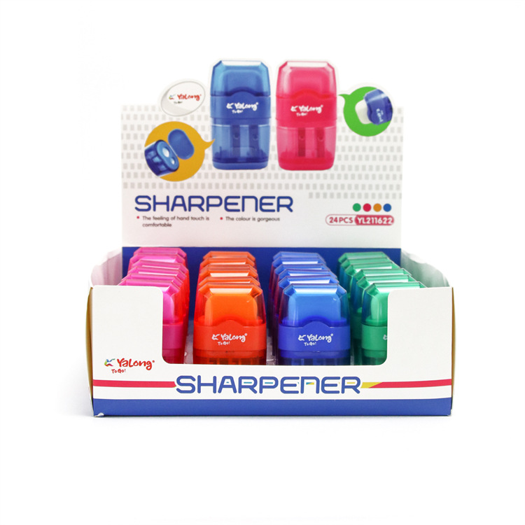 The fancy plastic pen sharpener features a double-hole color design and is multi-functional, serving both as an eraser and a pencil sharpener Item Picture