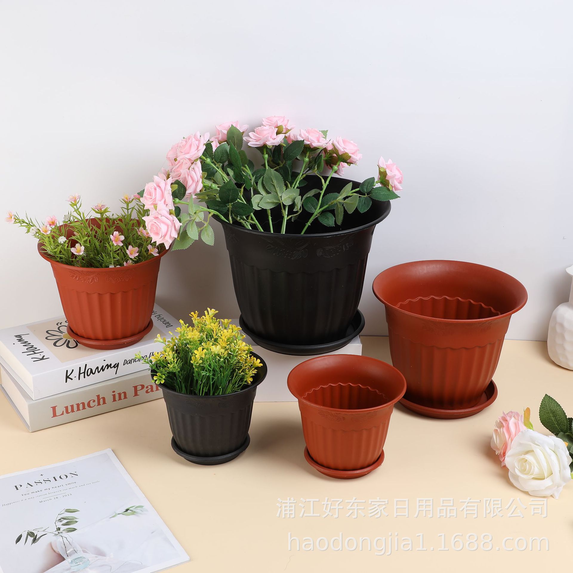 厂家直销条纹花边塑料花盆带托盘多肉绿植种植盆室内外园艺花盆