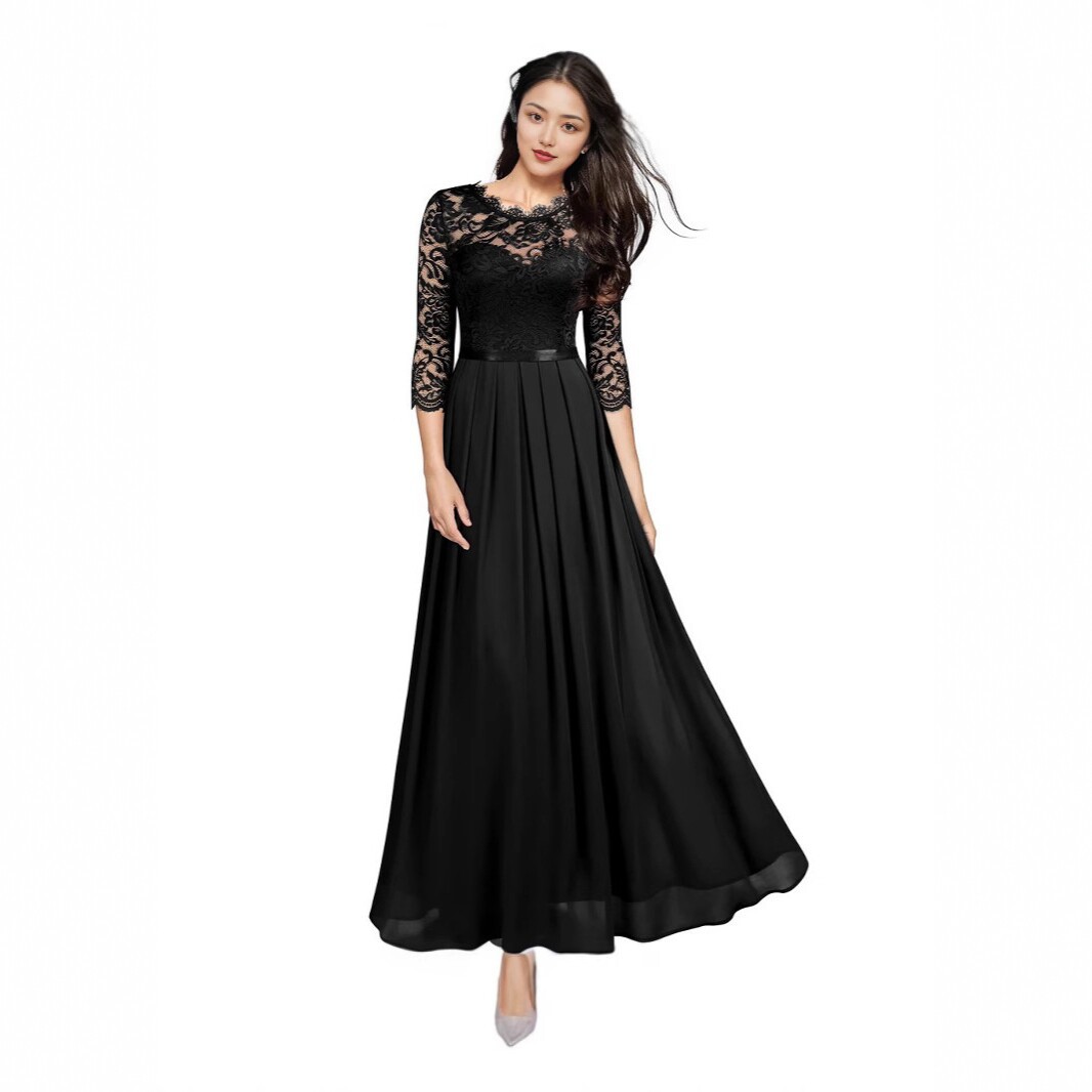 European station patchwork chiffon dress, round-neck lace long dress, evening dress for women Specification drawing