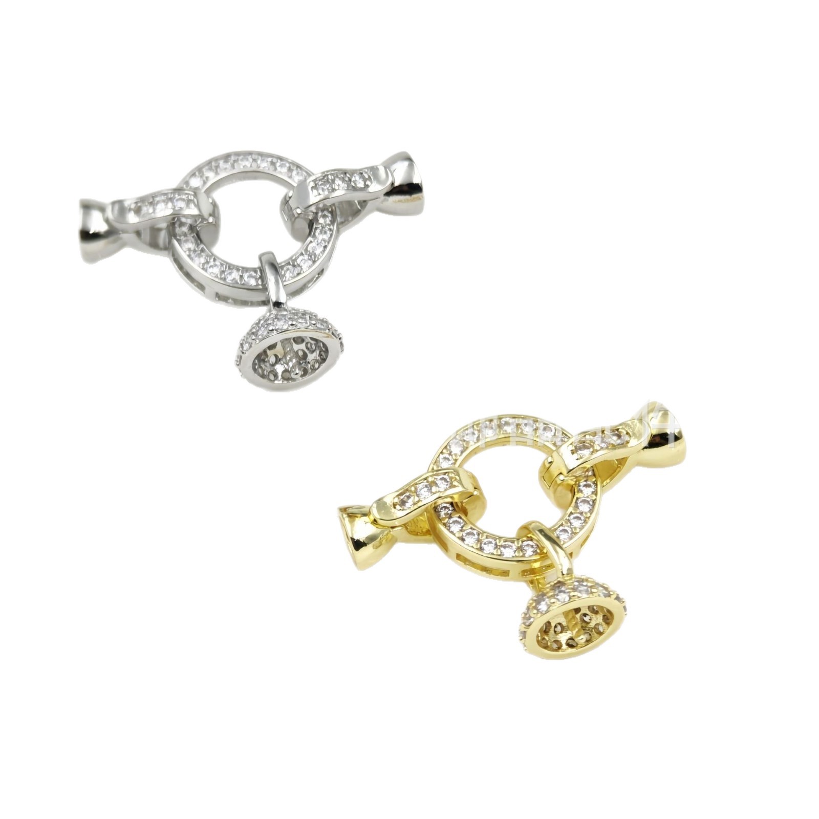 Micro-inlaid T-shaped zircon 18K gold-plated color retention double-ring pearl buckle bracelet, sweater necklace, camellia diy accessory matching Item Picture