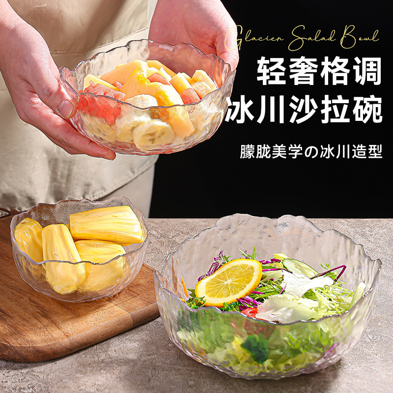 Glass fruit plate, large household salad bowl decoration, snack arrangement, hammer-patterned transparent creative Japanese dessert plate