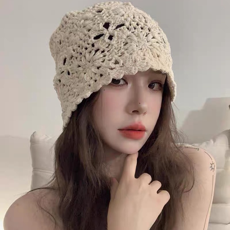 Handcrafted hook flower hollowed-out three-dimensional flower headpiece hat for girls, Spring and Autumn, artistic, retro, simple and versatile knitted hat, Dui Dui hat Specification image