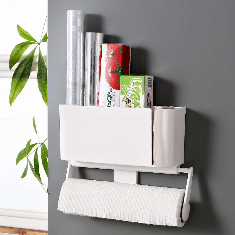 Household kitchen refrigerator storage rack, roll paper cling film, no perforation, no trace, bathroom storage rack Application Scenario