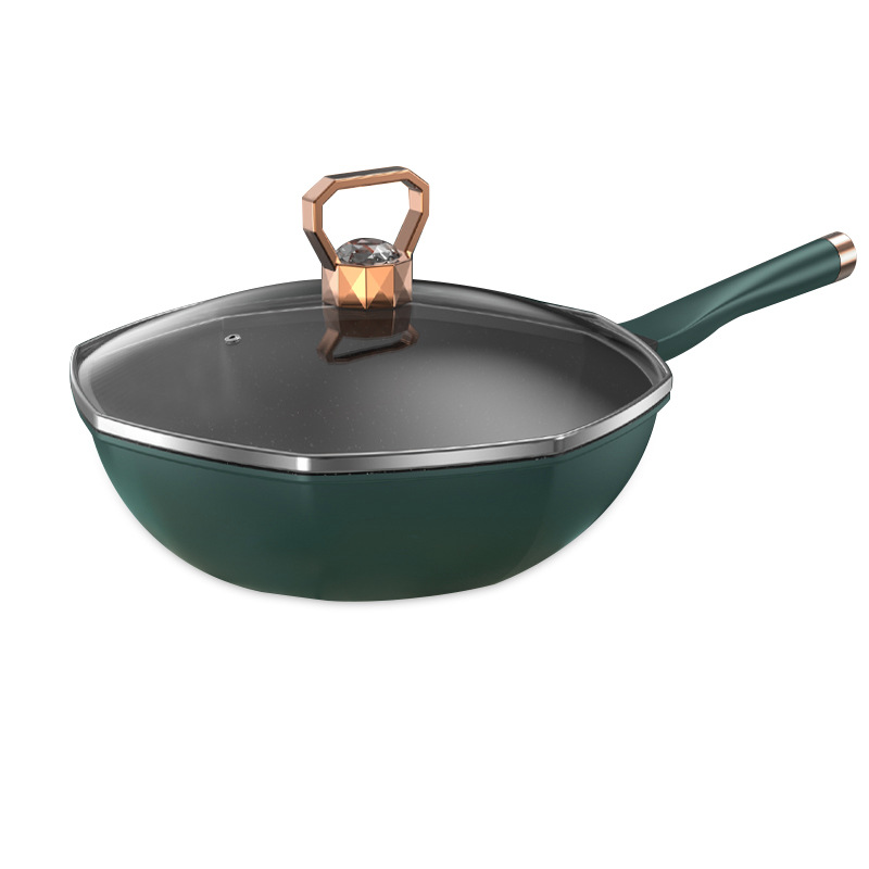 麦饭石八角锅平底不粘炒锅煎炒一体锅礼品赠送炒菜锅不粘锅铁锅白底实物图